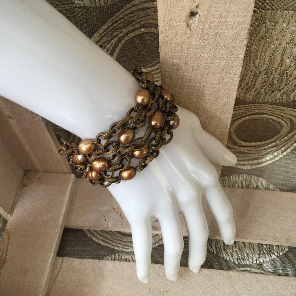 Stephen Dweck 5 Strand Bronze Link Bracelet with Gold Pearls